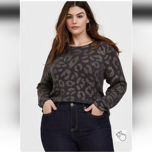 Torrid Dark Grey & Gold Foil Leopard Rib Pullover Sweater 2X